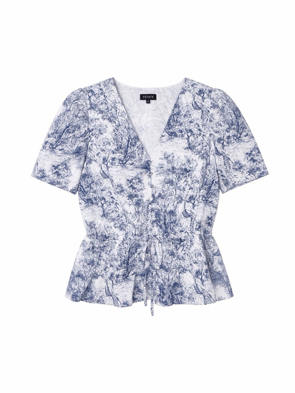 NWT 1.STATE Blue Toile Peacock Puff Sleeve Peplum Blouse Size XL